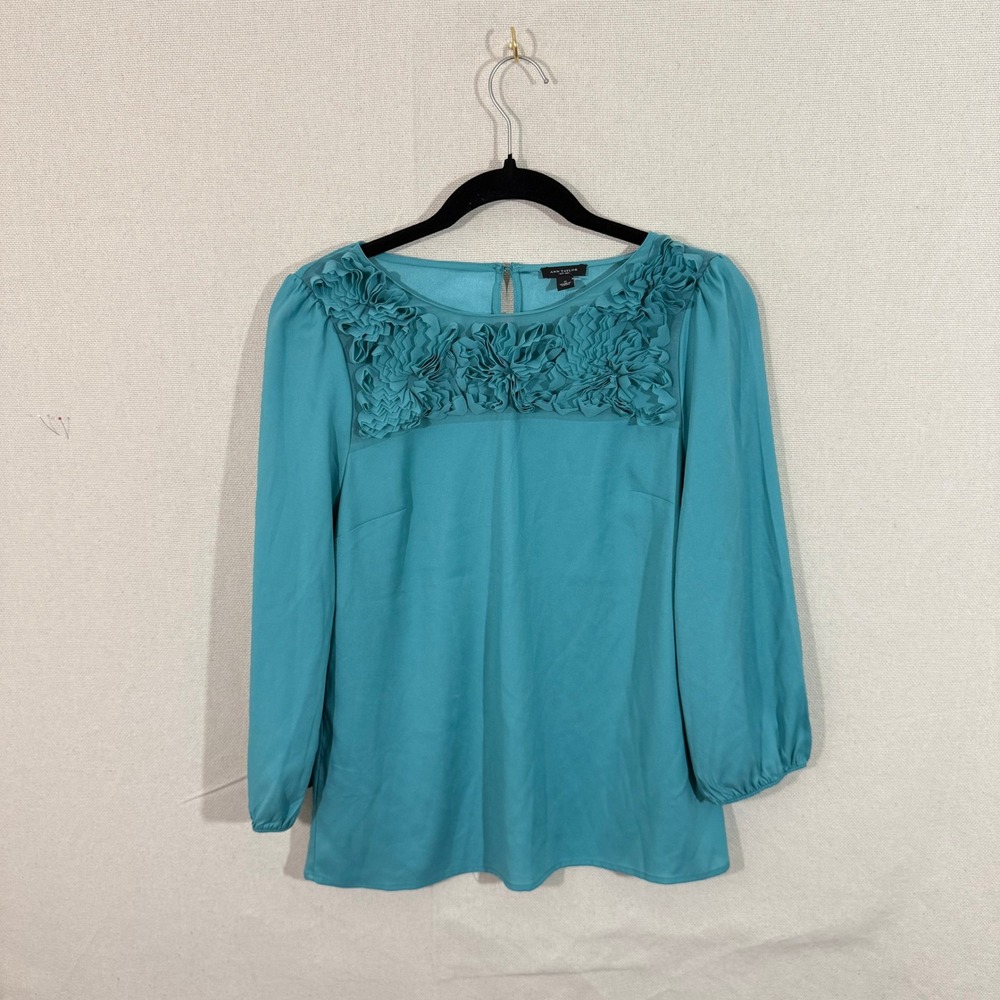 Ann Taylor Teal Floral Ruffle Bib Blouse 3/4 Sleeve Top Size 2